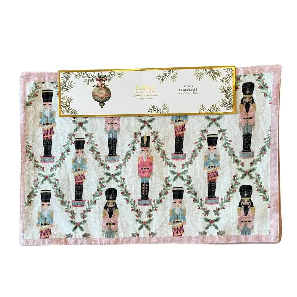Lillian August Christmas Placemats 4pc NUTCRACKER DRUMMER BOY Pink Border New
